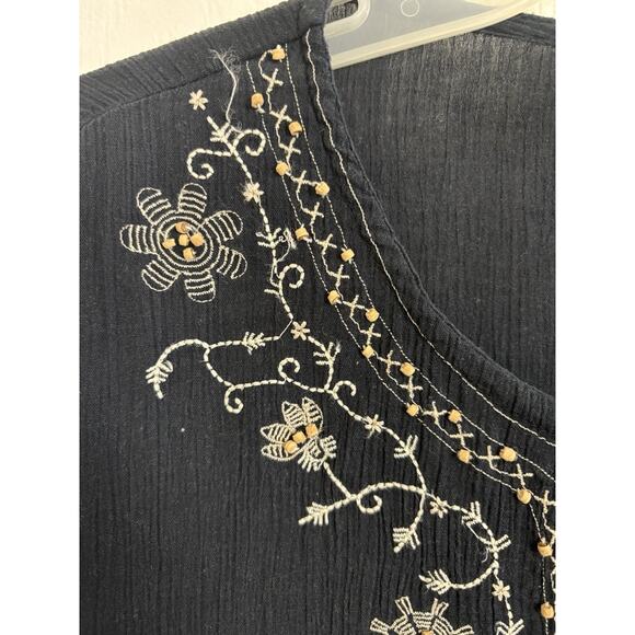 Vtg Black Gauzy Embroidered Beaded 3/4 Sleeve Top Size Medium Boho Indie Peasant - Picture 5 of 10